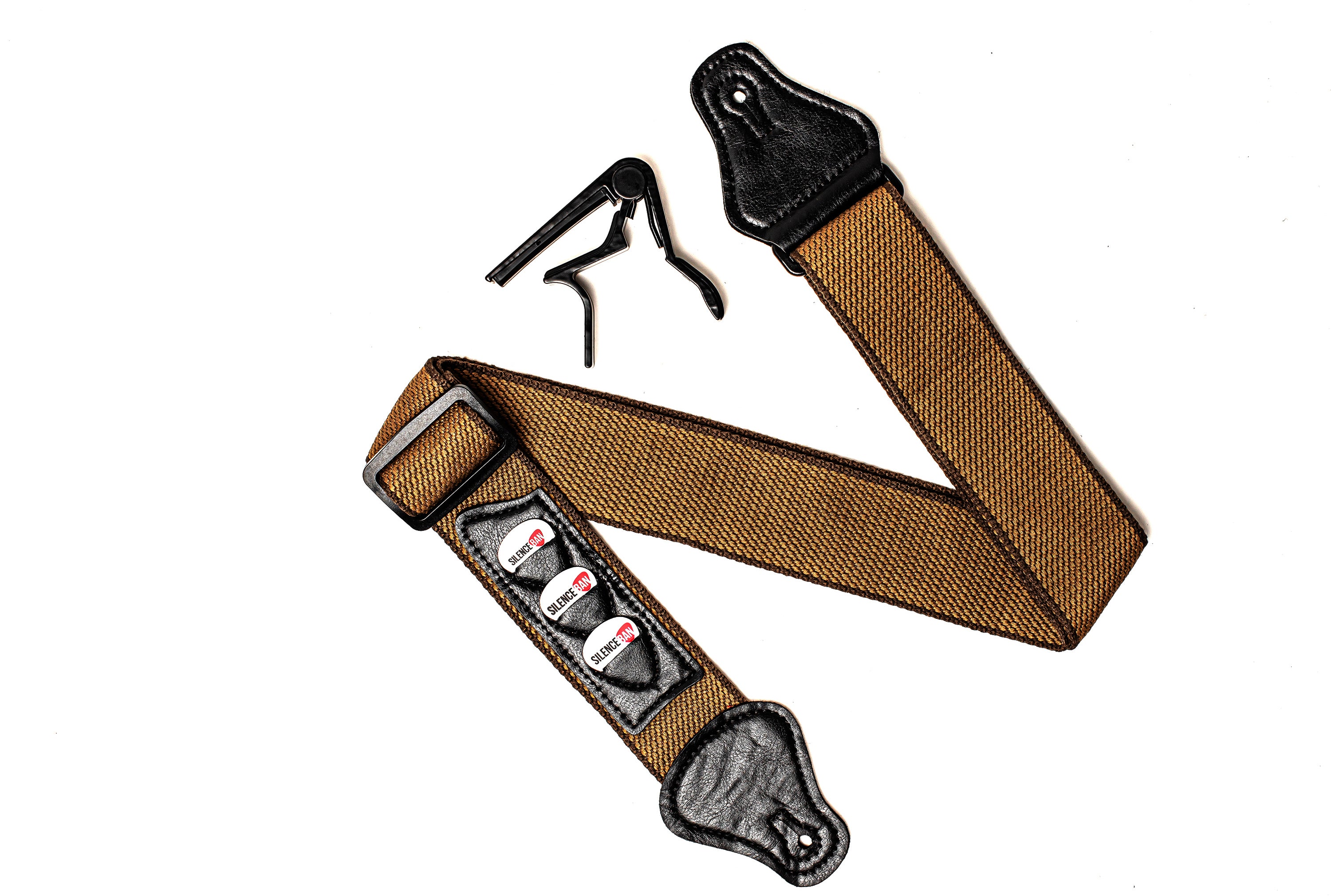 Silenceban™ Adjustable Brown Guitar Shoulder Cotton Strap with capo and pics - SilenceBan Music store