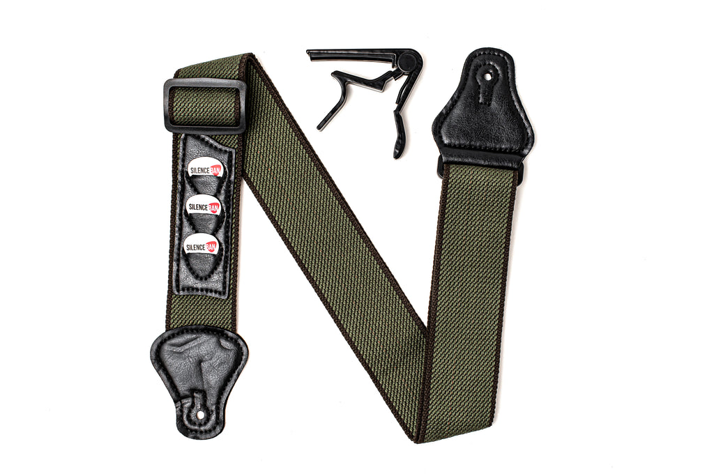 SILENCEBAN Adjustable Green Khaki Guitar Strap 3-in-1 Bundle capo and 3 picks - SilenceBan Music store